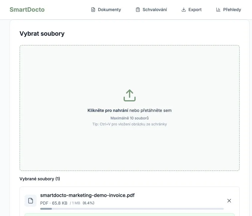 Výber ukážkového súboru v českom pilotnom prostredí SmartDocTO.