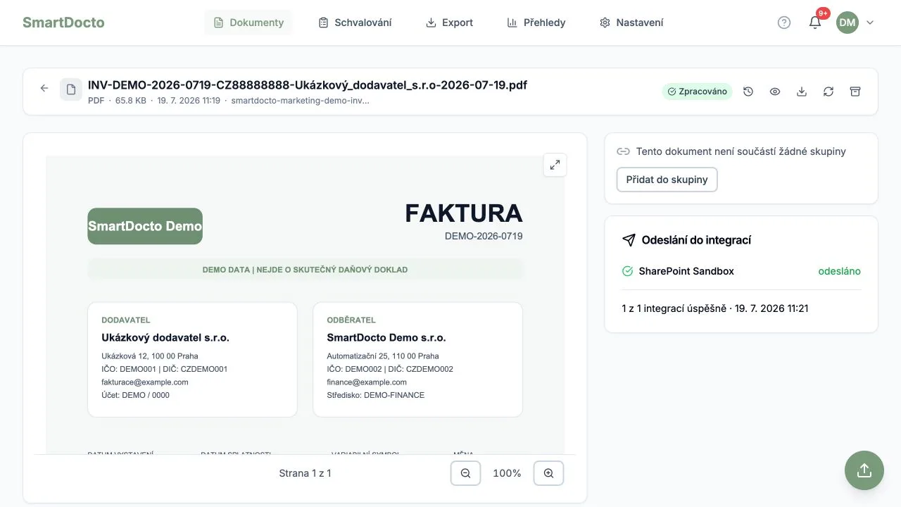 Spracovaný ukážkový doklad úspešne odoslaný do integrácie SharePoint Sandbox.